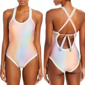 Platinum inspired by Solange Ferrarini Crochet Trim One Piece Swimsuit